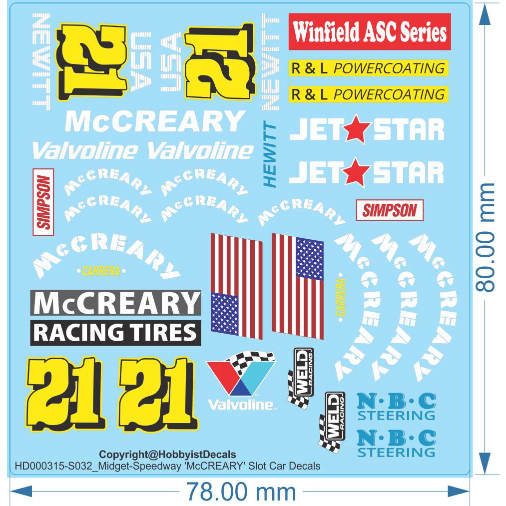 McCREARY Midget-Speedway Slot Car Decals - 1/18 1/24 1/32 1/64 - Water Decals - Waterslide, 1/32 - Waterslide, 1/24