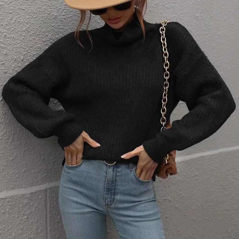 IHUASU Autumn and Winter Solid Colour Pullover Loose Women's High Neck Sweater