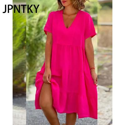 JPNTKY Moda Donna Estate Primavera Abiti Casual a Manica Corta con Scollo a V e Stampa Monocolore