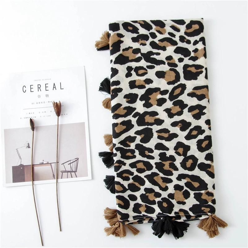 Spring and Summer Cotton Linen Feeling Leopard Printed Scarf With Tassel Headscarf Dubai Turkey Palestinian Hijab Scarves