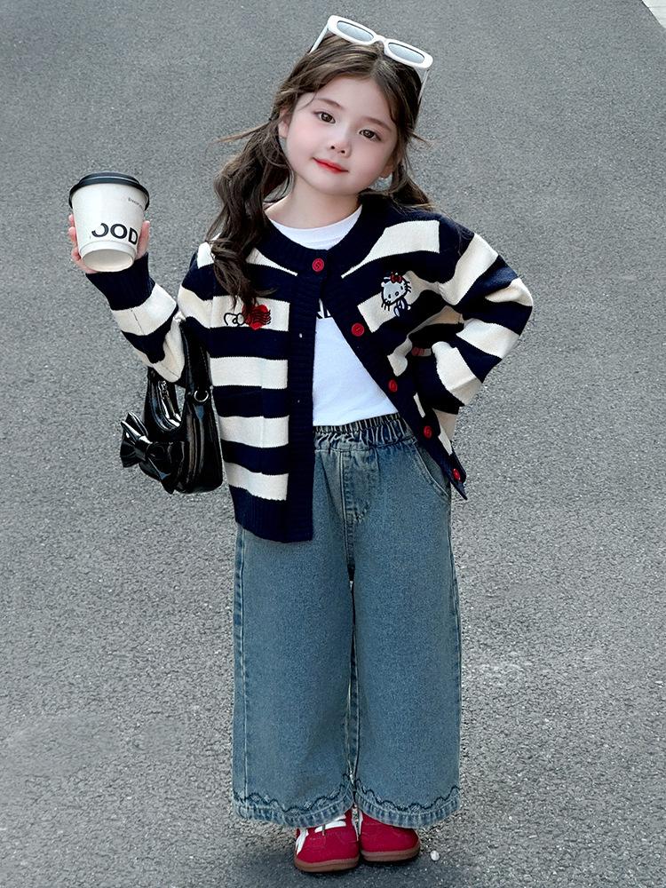 Girls' 2025 Autumn Knitted Cardigan Coat with Cat Cartoon Stripes