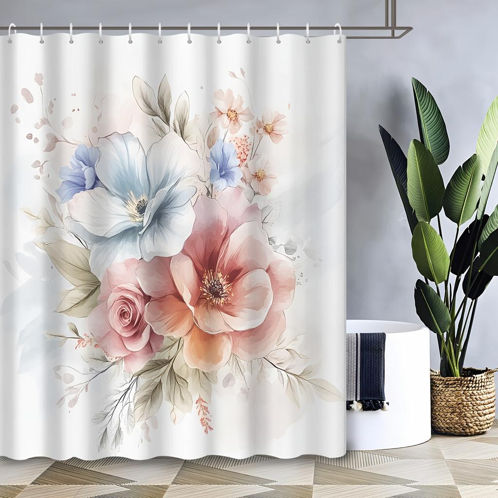 1pc Vintage Watercolor Beautiful Floral and Plant Shower Curtain, Polyester Fabric, Machine Washable, Suitable for Bathroom
