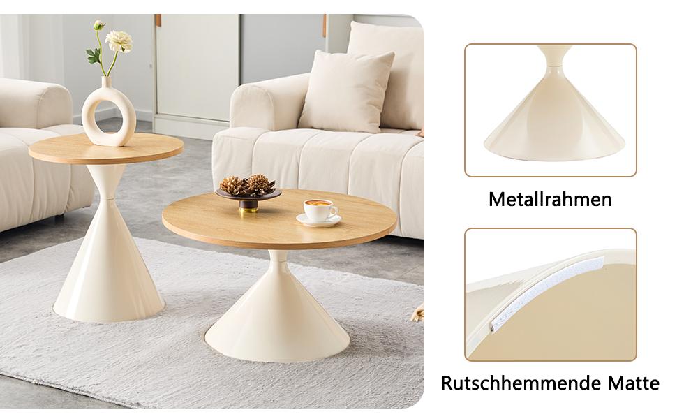 Hourglass Series 2-Piece Coffee Tables with Conical Shape, Melamine Tabletop in Wood Look + Cream Metal Base, Stackable, Living Room, Bedroom & Office