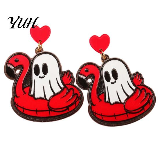 Flamingo Swimming Ring Jewelry 1 Pair Summer Halloween Ghost Earrings for Women, Cute Colorful Acrylic Pendant Pool Float Dangle Drop Earrings,