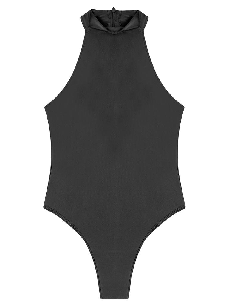 Femei fără mâneci guler fals bodysuit spate fermoar închidere lucioasă leotard costume de baie elastice dans performanță ținută