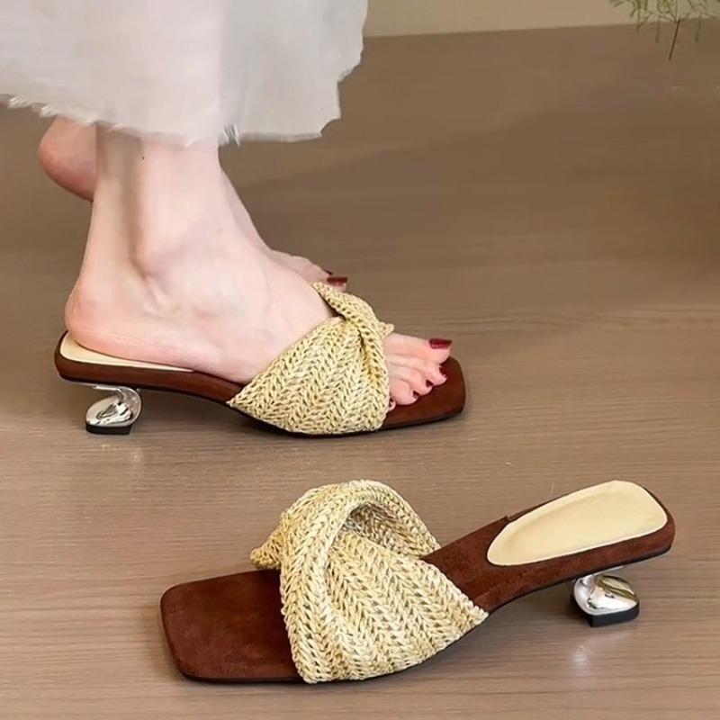 Fashion Vintage Woven Wedge Heel Roman Sandals Women's Design Sense Holiday Style Square Toe Open Toe Beach Sandals and Slippers