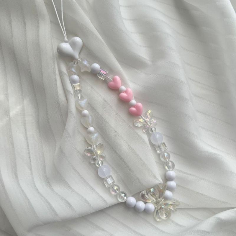 Bowknot Phone Lanyard Short Female Cute Peach Heart Colored Beaded Phone Shell Pendant Accessories Package Decoration