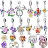 Brilliant Colorful Flower Charm Beads Copper Bellflower Tulip Rose Dangle Fit Original Pandora Bracelet Diy Jewelry