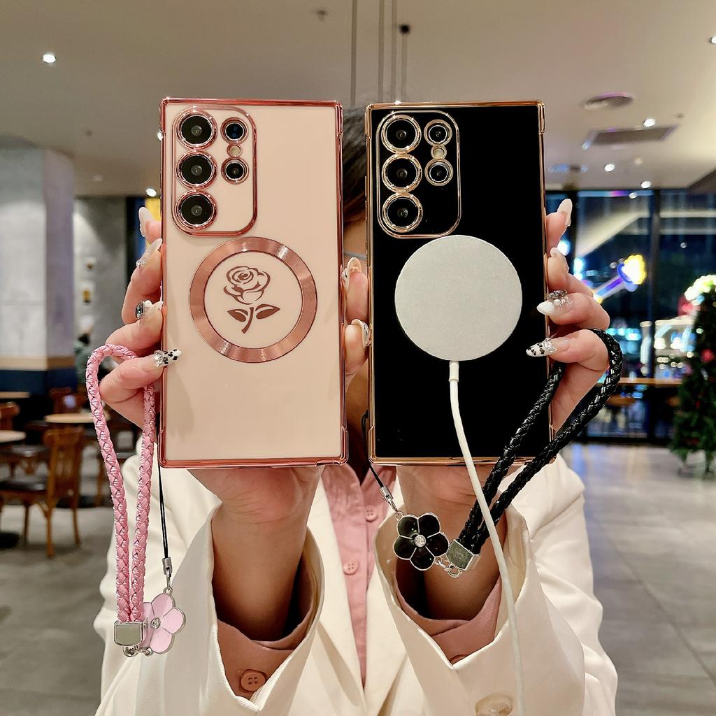 Pro Samsung Galaxy S25 Ultra Magnetické pouzdro s pleteným popruhem Růžový květ Elektroplátovaný TPU kryt na telefon