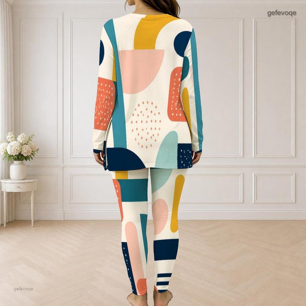 Women Plus Size Front Zip Long Sleeve Printed Longline Top Fitted Pants Two Piece Set