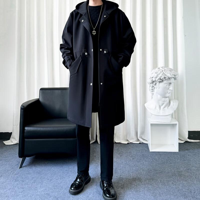 ROMON Men's Hooded Mid-Length Trench Coat