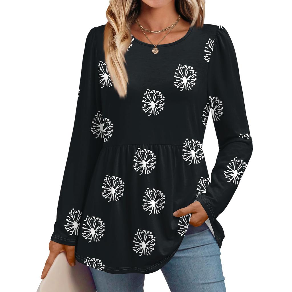 Women's Casual Fashion Long Sleeve Shirt Floral Printed Tunic Top