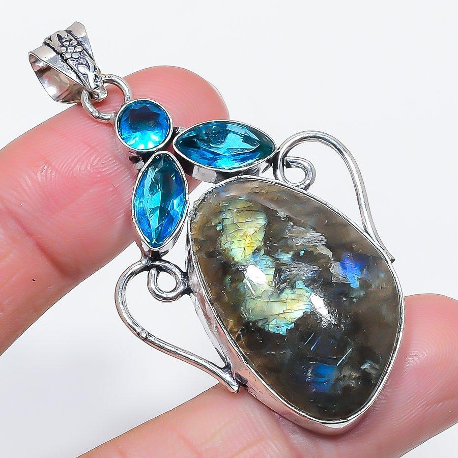 Natural Labradorite, Topaz 925 Sterling Silver Jewelry Pendant 2.40" n8W19