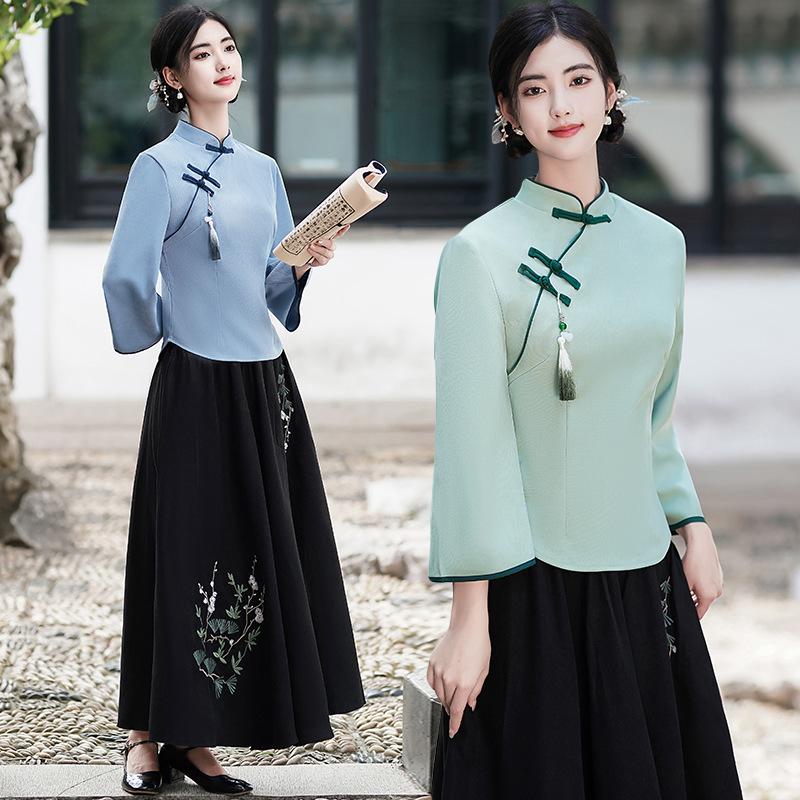 Women's Two-piece Outfit Three Quarter Sleeve Blouse High Waist Pantsuit Vintage Chinese Style Casual Set