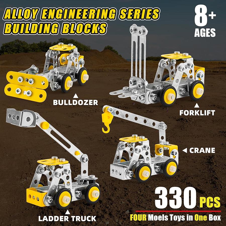 Building Blocks Toys Metal Engineering Vehicles Model Kit Block Toys 4 Models Construction Vehicles Building Sets for Kids