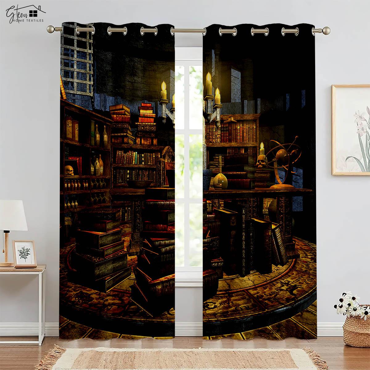 

Retro Bookcase Three D Printed Curtains Bed Room Living Area Kitchen Area Study Curtain Rod Pocket Machine Washable 2 Piece Set W50xH130(CM)x2PCS&Rod pocket