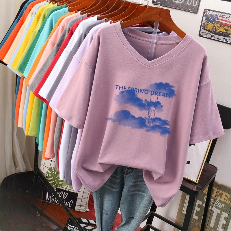 Camiseta de manga curta, Solta, Top V-neck Estampado Emagrecedor para Mulheres