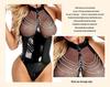 Evropský & Americký Styl Otevřený Rozkrok Síťovaný Lakovaný Kožený Body - Erotické Dámské Odhalující Hrudník Spodní Prádlo Taneční Oblečení