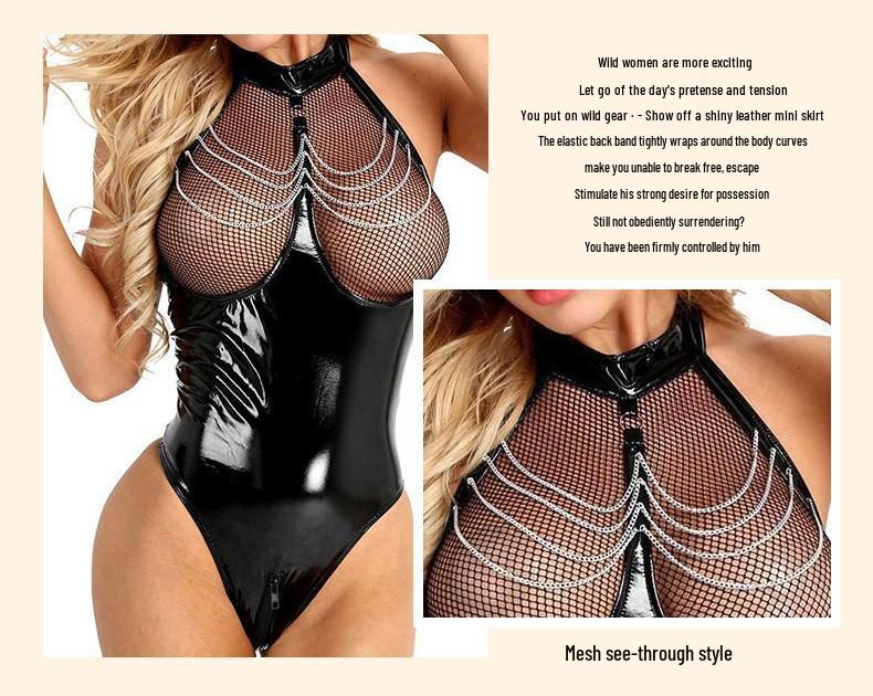Evropský & Americký Styl Otevřený Rozkrok Síťovaný Lakovaný Kožený Body - Erotické Dámské Odhalující Hrudník Spodní Prádlo Taneční Oblečení
