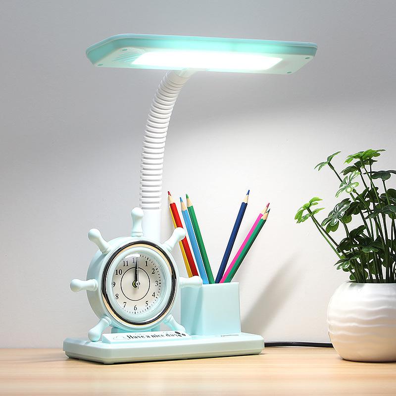 Children's Study Desk Lamp with Eye Protection, Clock, Pen Holder, and Large Light Source