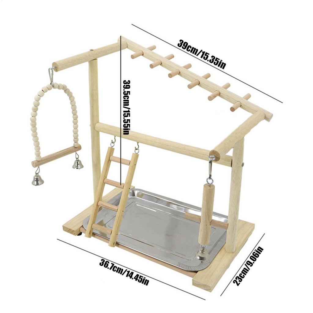 Bird Perch Stand Wooden Swings Ladders Toys With Removable Stainless Tray And Cup Parakeet Playground For Standing Chewing