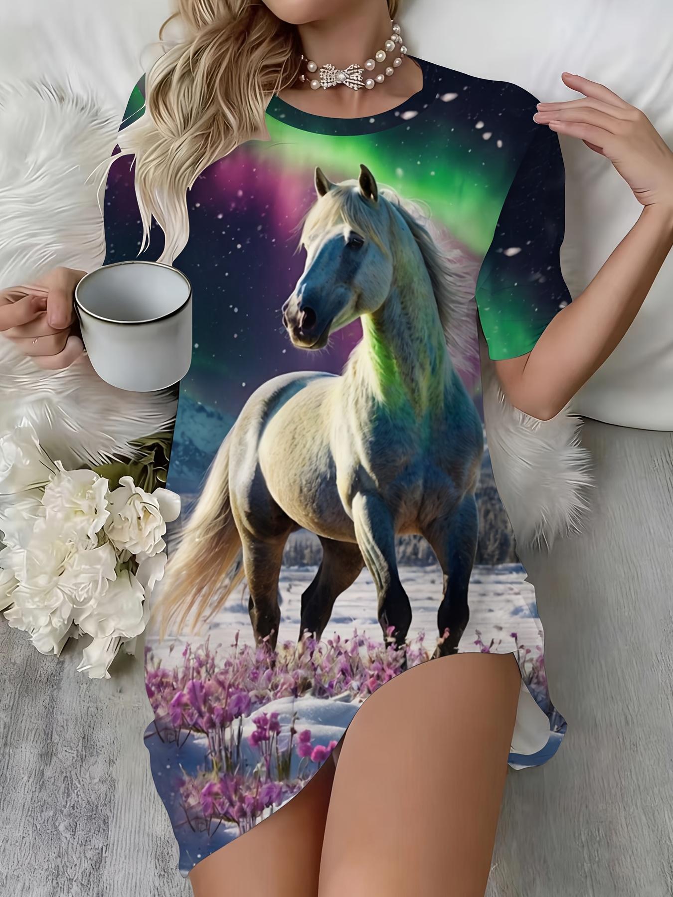 

New Women S Dress Featuring an Elegant Aurora White Horse Print. Short-Sleeved And Round-Necked. Perfect for a Relaxed Home Experience. It Boasts High 3XL дубильная кора
