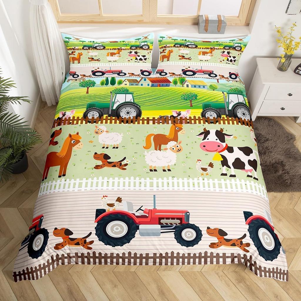 Comforter Cute Cartoon Farm Animal Truck Tractor Bedding Set Farmhouse Country Cozy Comforter For Boys Teen Room Decor