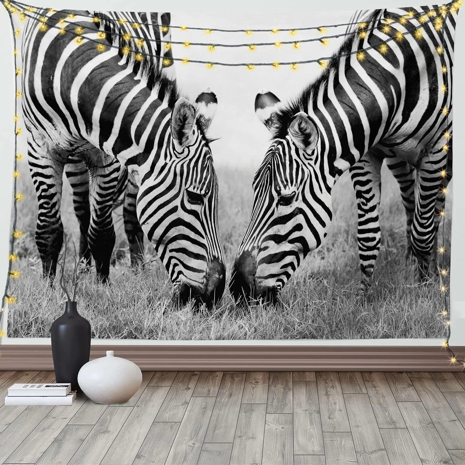 Zebras Tapestry Black White Stripes African Savanna Wild Animals Tapestry Wall Hanging for Home Decor Living Room Bedroom Dorm 100X70CM
