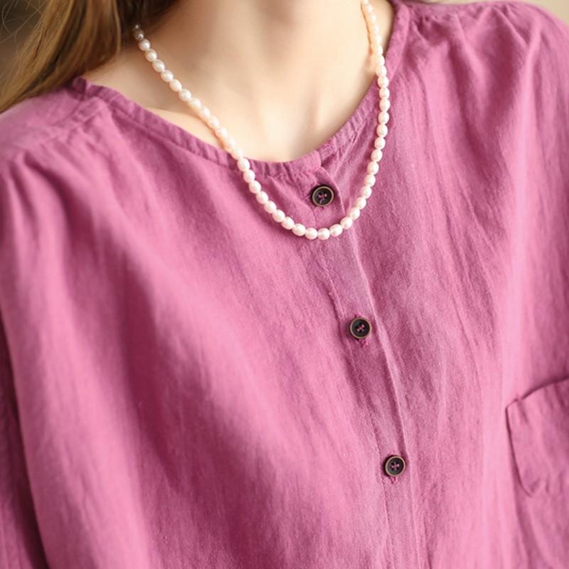 Johnature Women Vintage Shirts Tops Summer O-Neck Short Sleeve Blouses Solid Color Button Female Shirts