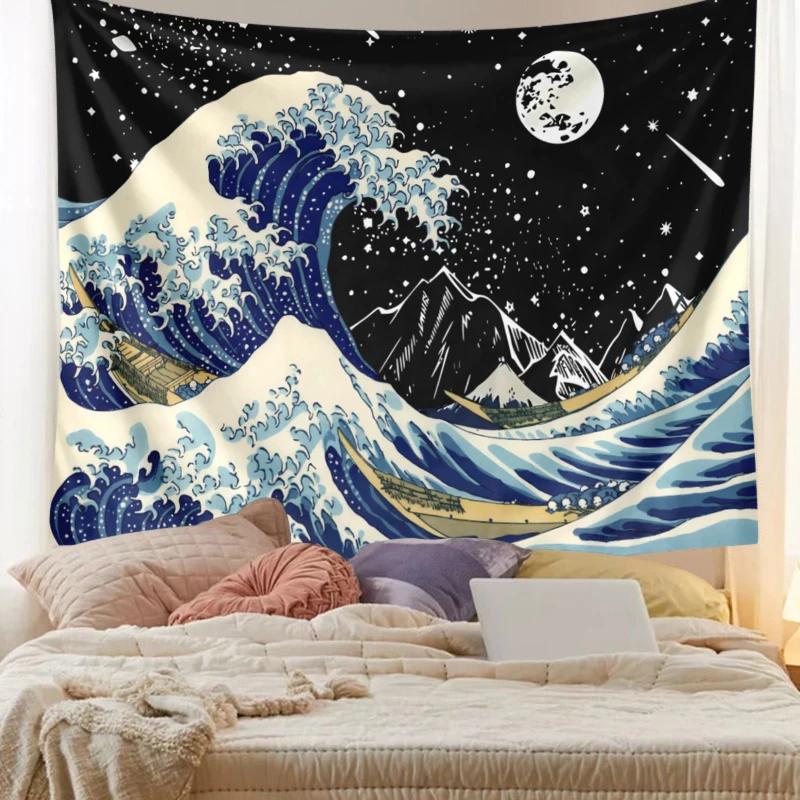 VIKAMA Kanagawa SurugaIchi Tapestry Ukiyoe Japanese Wave Wall Hanging Cloth Bedroom Dormitory Tapestry Home Decoration