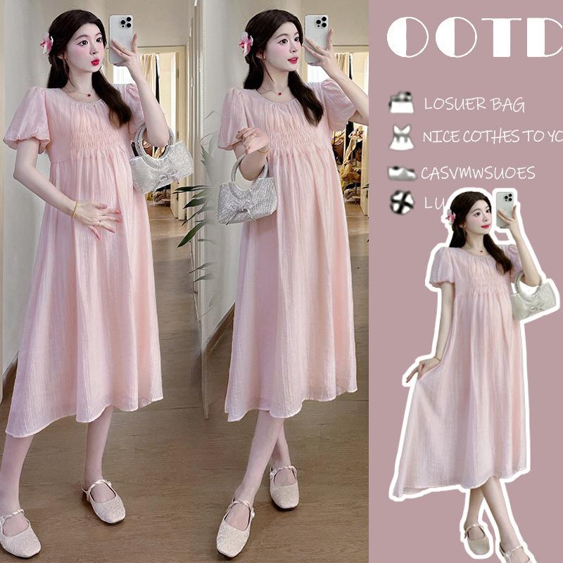 2026 Summer Sweet Puff Sleeve Maternity Dress - Slimming, Loose, and Belly Covering