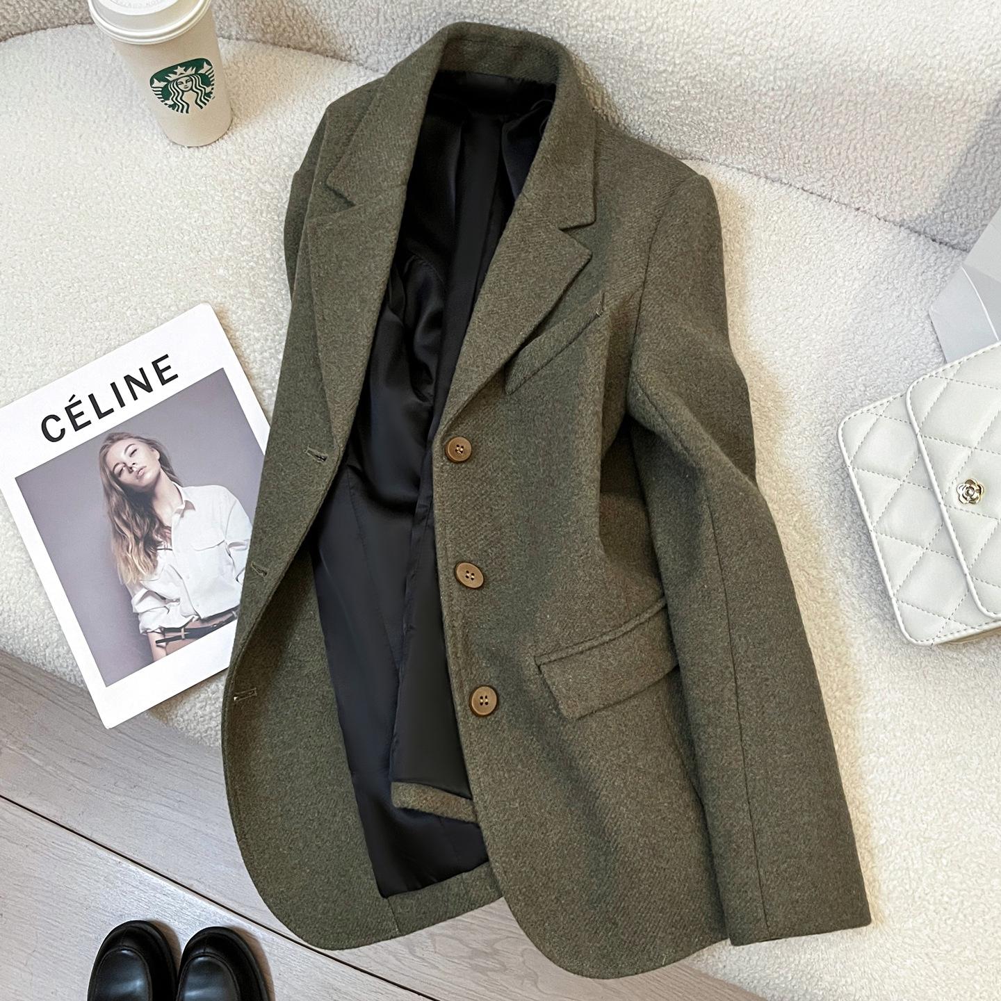 Женский норвежский зеленый ретро шерстяной костюм-жакет - Осень/Зима 2025 Корейский стиль Small