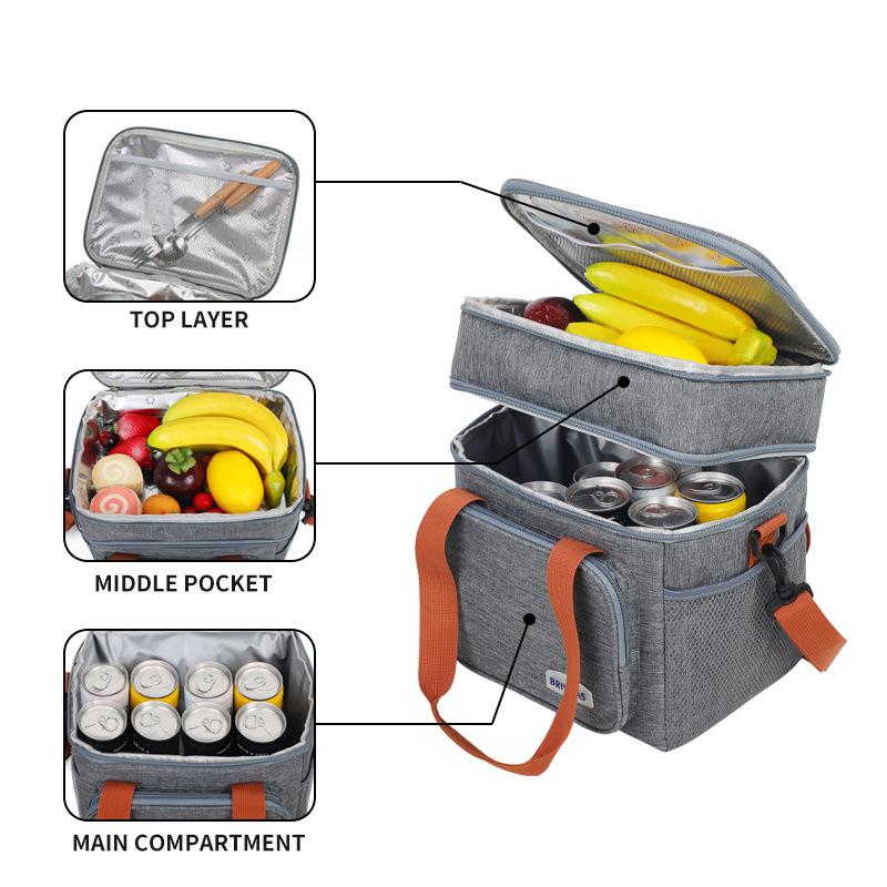New Double-layer Lunch Bag, Large-capacity Cooling Bag, Crossbody Insulated Bag with Multiple Pockets for Camping, Picnic