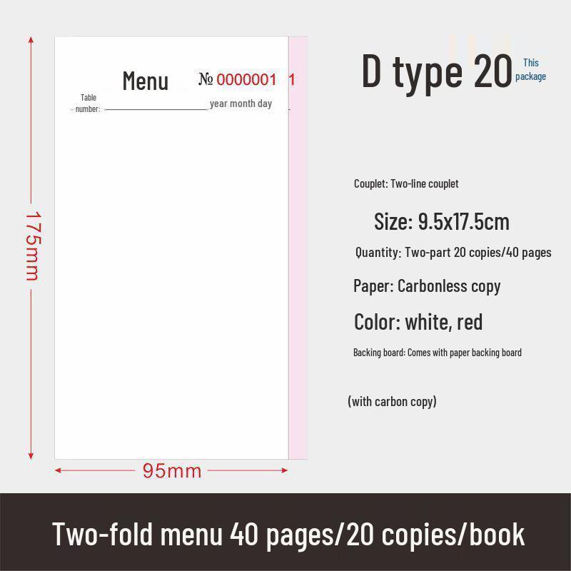 Single-Ply Menu Drink List with Custom Order Forms for Restaurants, Hotels, Catering, and Barbecues – Free Shipping Included