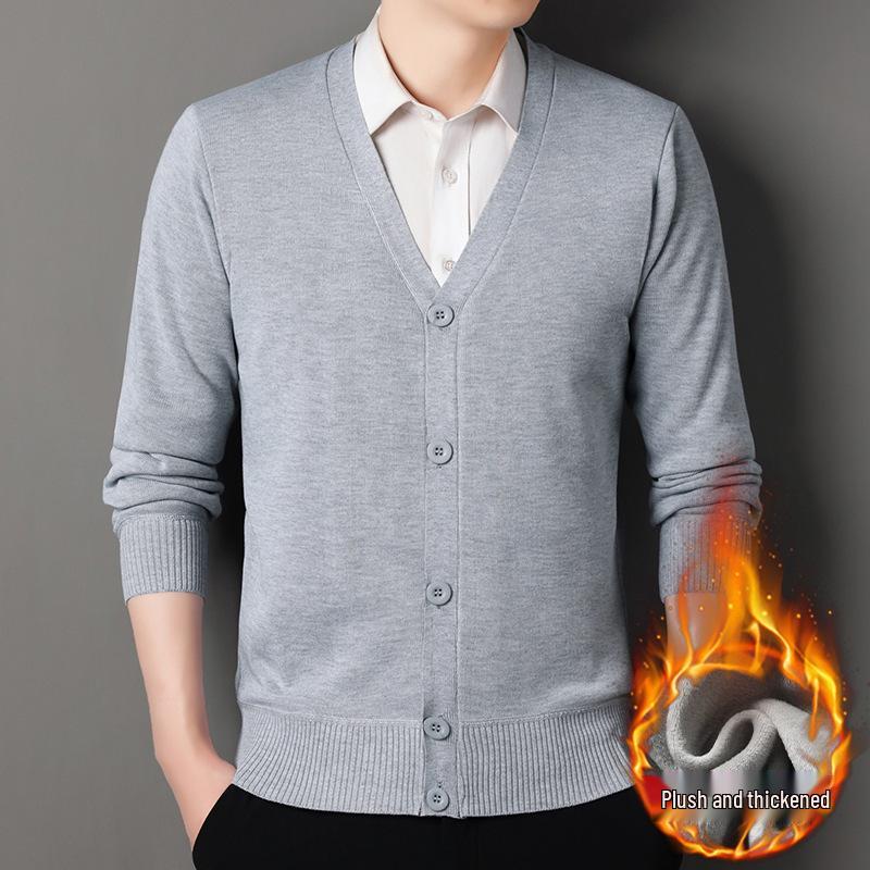 

Men s Casual V-Neck Knit Cardigan with Velvet-Lined, Single-Breasted Design for Autumn/Winter 4XL