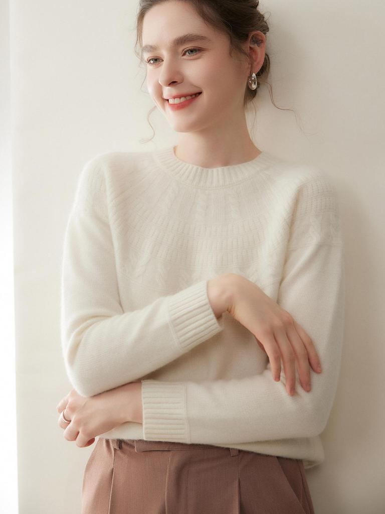 Women's Cashmere Knit Long Sleeve Pullover - Versatile Round Neck, Thick, Solid Color, Perfect Base Layer for Autumn/Winter