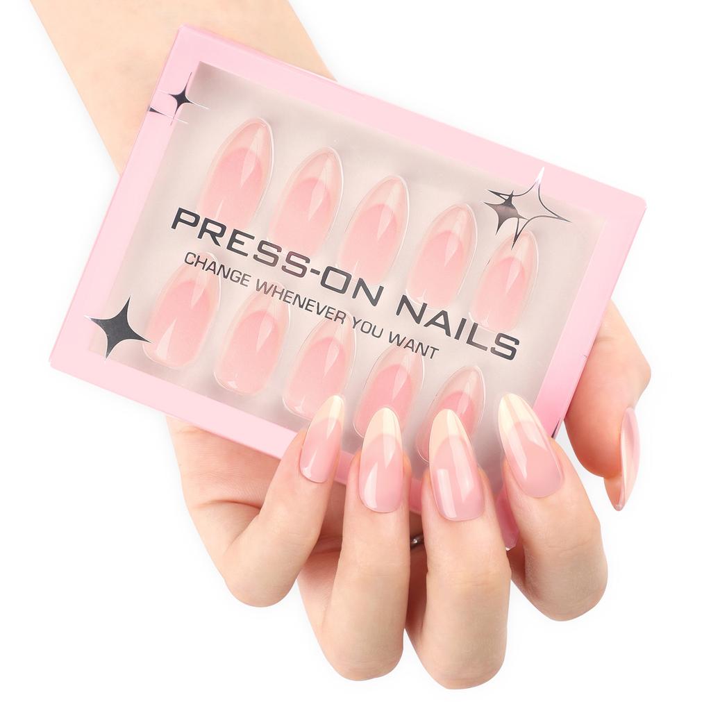 30 short almond nails in Europe, America and other regions, wearing nail pads, simple French beige high-end wearing nail pads.