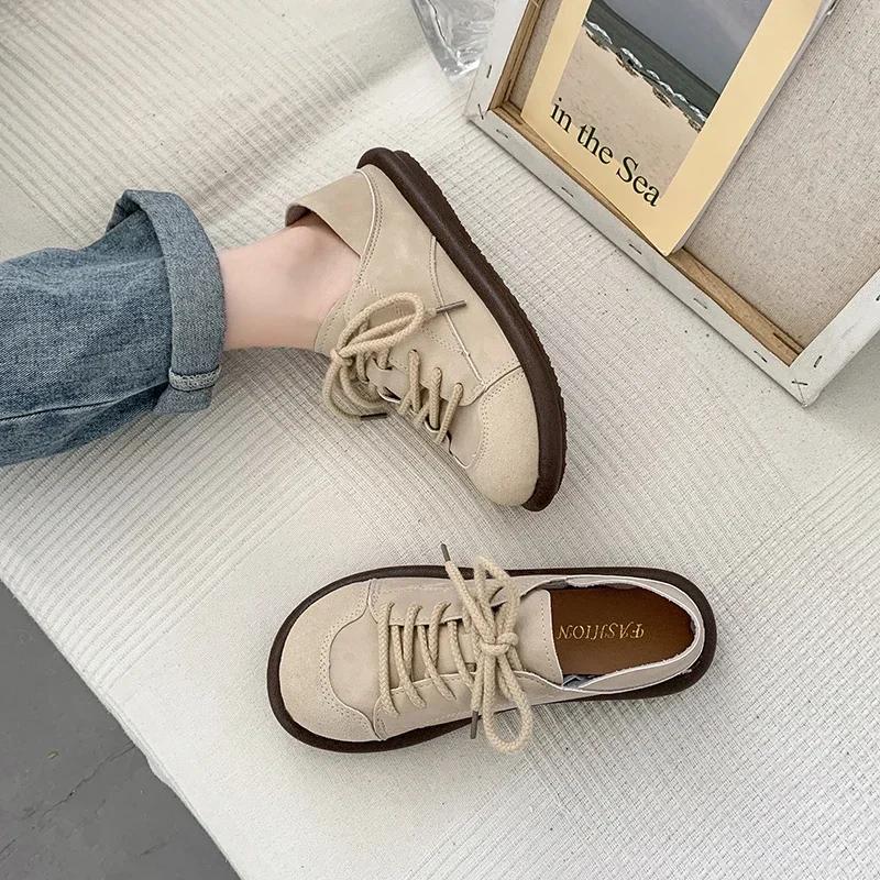 Fashion 2025 Spring and Autumn New Fashion Versatile Round Toe Shoes Women's Soft Sole Lace-Up Casual Simple Splicing Retro Flat Shoes