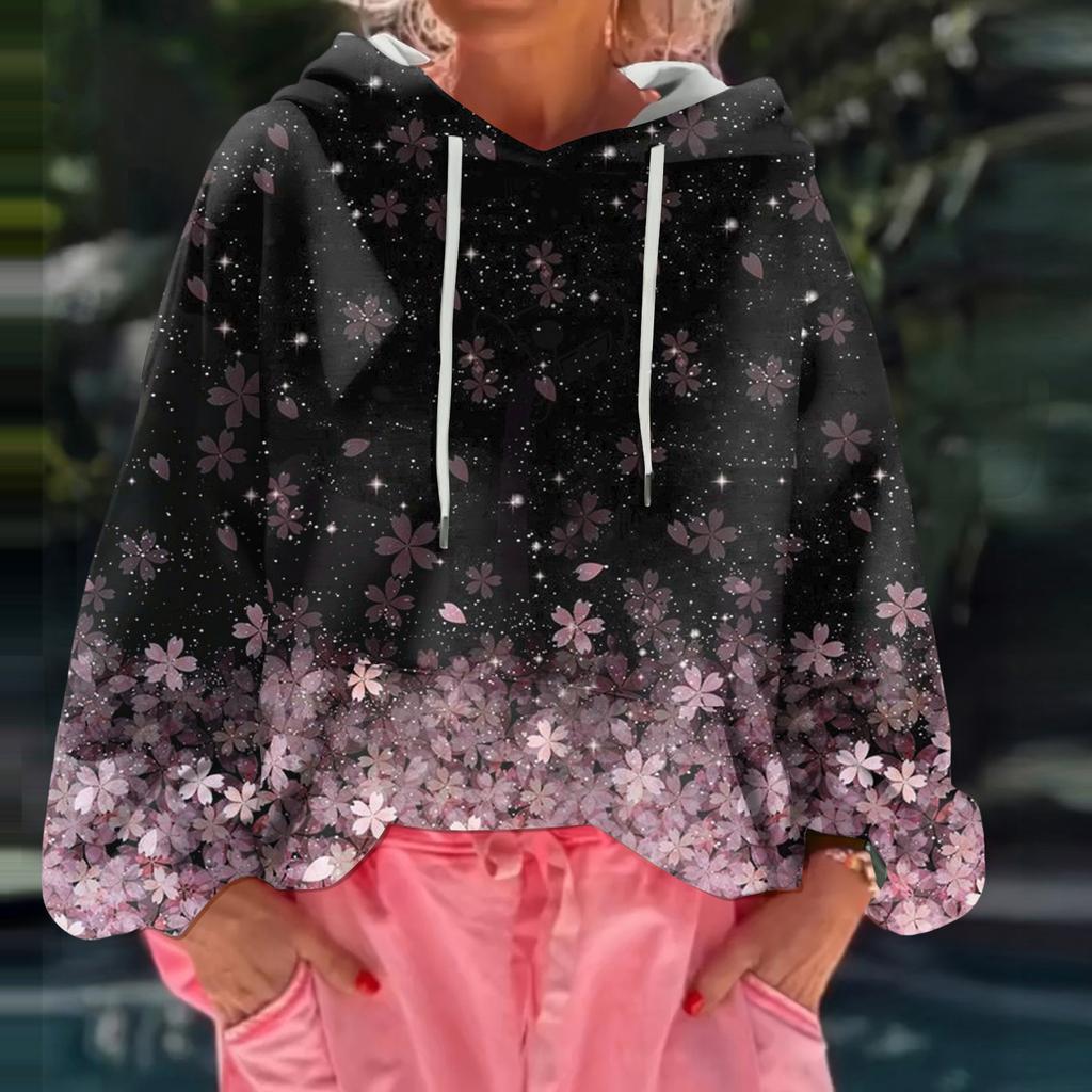 Women's Floral Print Loose Casual Long Sleeved Hooded Sweatshirt