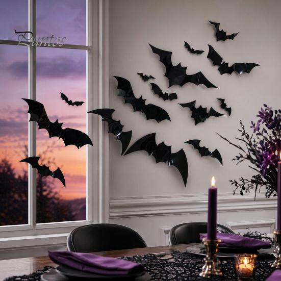 Halloween Party Wall Decor 12Pcs Bats Decals, 3D Bat Stickers for Home Decor, Hanging Decorations 4 Size Waterproof Black Spooky Bedroom Living