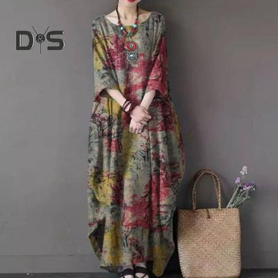 Women O Neck 3/4 Sleeve Maxi Dress Retro Printing Loose Fit Oversized Ankle Length Long Dress Streetwear