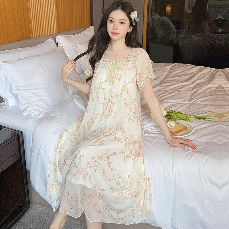 Linglei Summer Printed Lace Bow Mesh Court Princess Style Long Nightdress Pajamas Loungewear Women