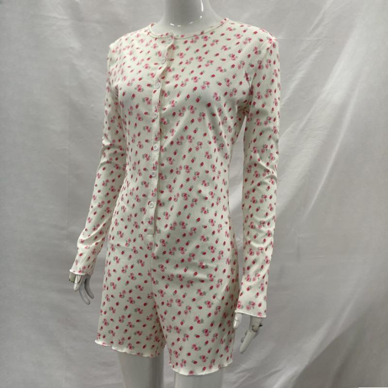 Y2K early autumn floral pattern round neck threaded anti stripe long sleeved jumpsuit