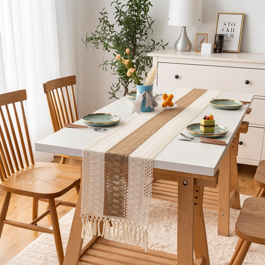 Bohemian Rustic Wedding Bridal Shower Dinner Cotton Linen Table Runner