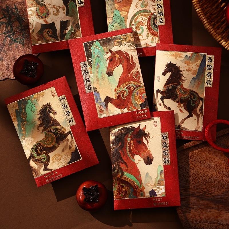 6Pcs 2026 Horse Year Cartoon Creative Red Envelopes Cute Pony Pattern Lucky Money Bag New Year Blessing Red Packet