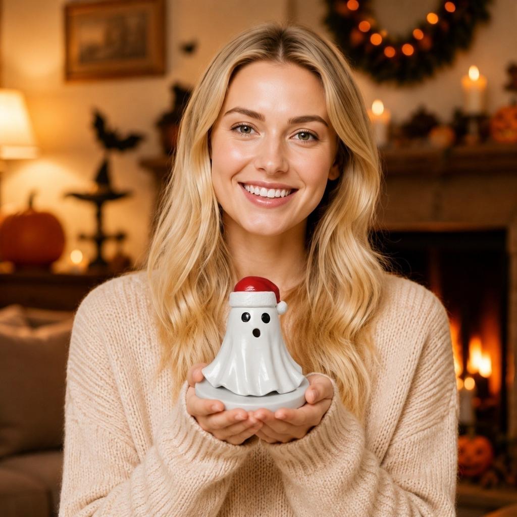 Ceramic Ghost Halloween Decorative Figurine with Swing and Animal Home Craft Ornament for Indoor Display