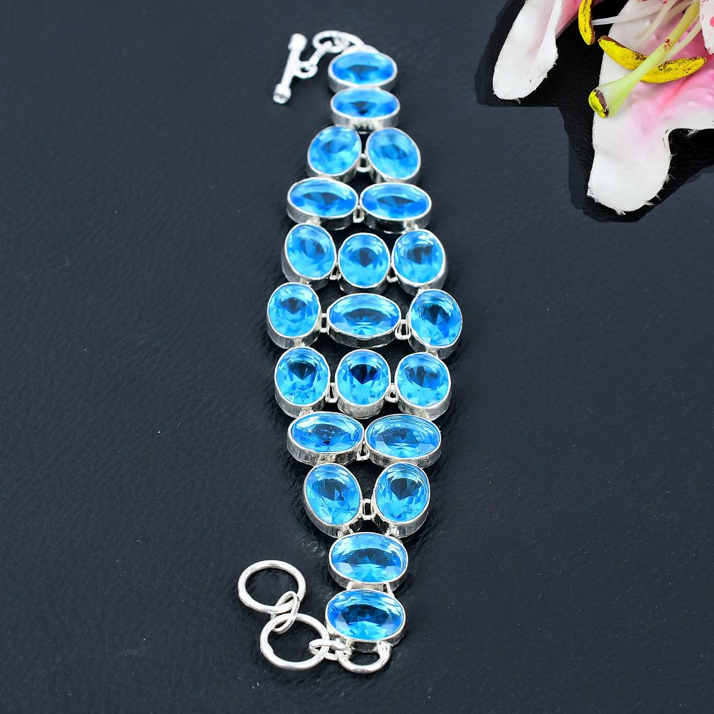 Swiss Blue Topaz Gemstone Handmade 925 Sterling Silver Bracelet 7-8" KG-374