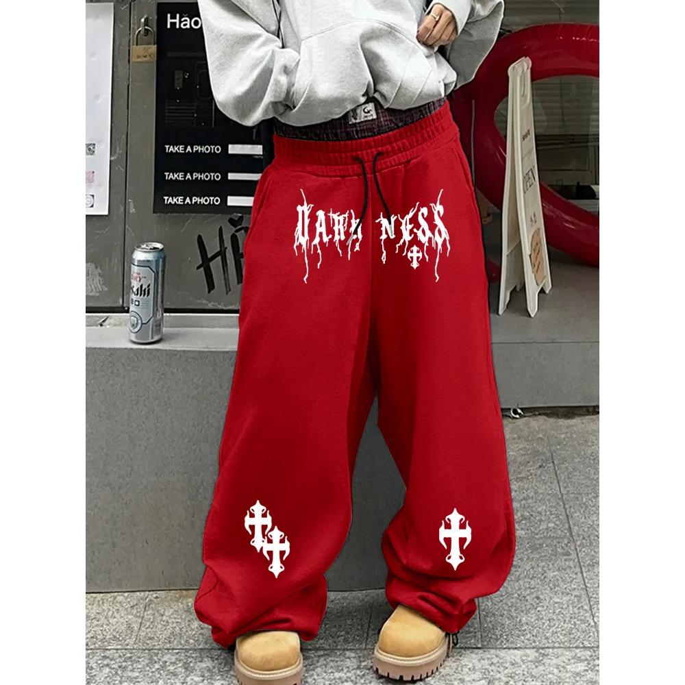 Men's Urban Black Sweatpants, Wide Leg with White Abstract Tribal & Art Prints, Drawstring Loose Fit Streetwear Essentia