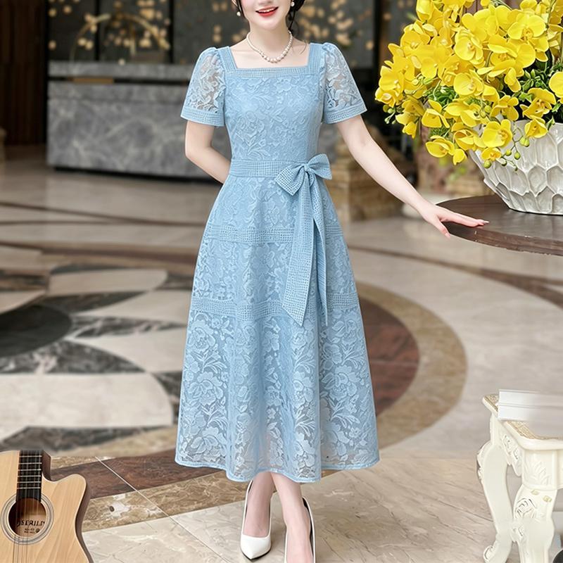 ZANZEA Women Elegant Square Collar Short Sleeve Lace Patchwork Dress