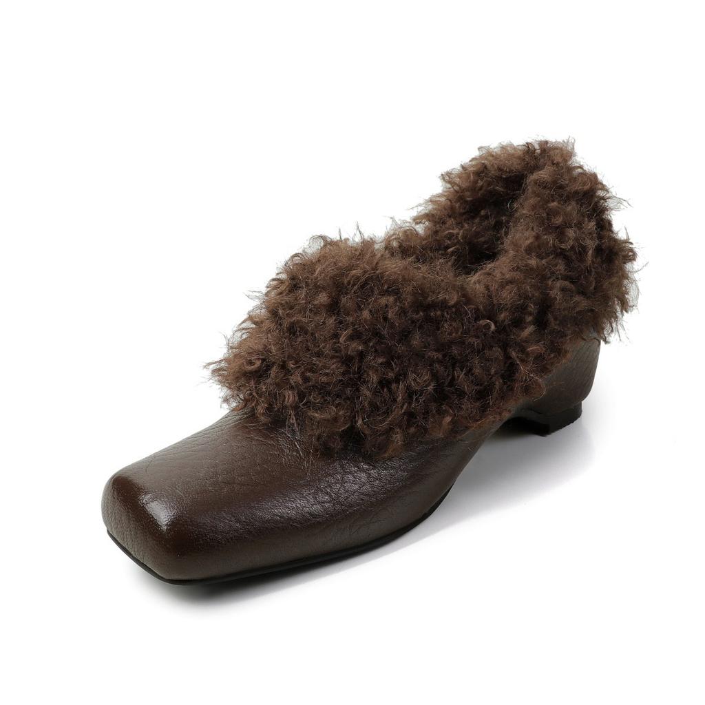 Winter Fluffy Shoes Women's Inner Height Increase Versatile Square Head Plush Warm Single Shoes Women